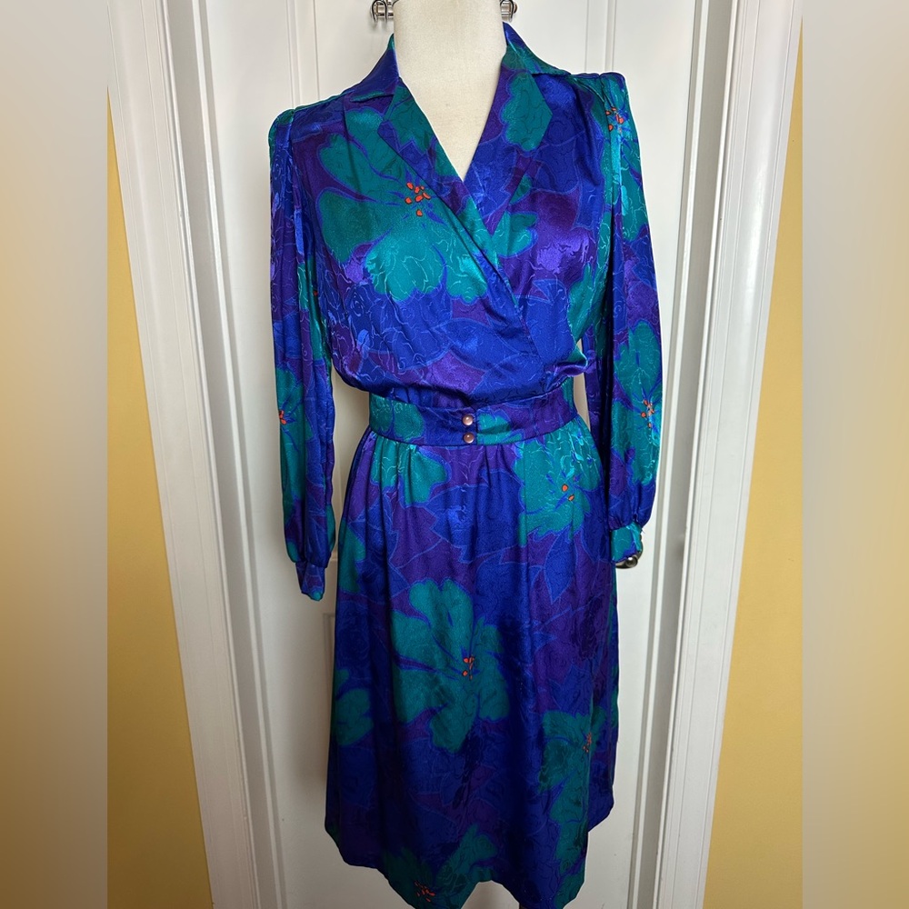 Marinette 1980s purple teal Floral vintage sheath dress 12